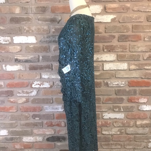 JESSICA HOWARD Women’s Forest Green Long Sleeve Lace Sequin Ruched Dress 16 NEW - Picture 3 of 7
